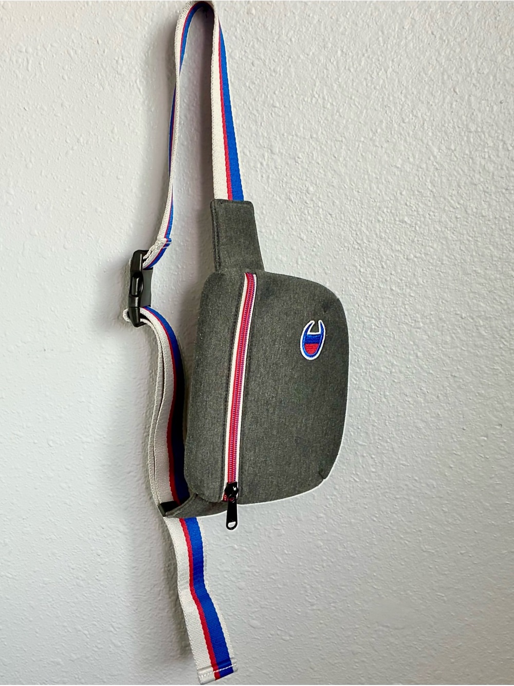Gray Sling Bag with Tricolor Strap